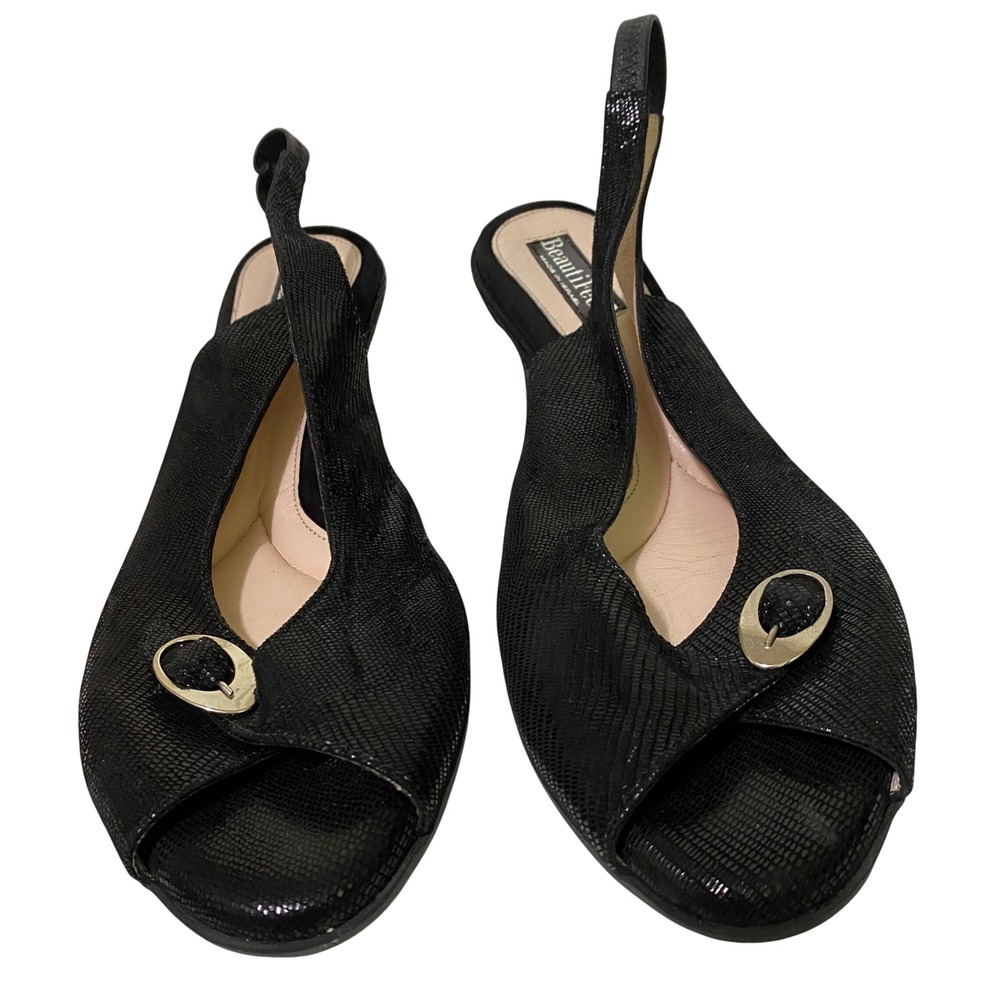 BeautiFeel Black Snake Print Leather Slingback Peep Toe Sandals Size 10 Y2K
